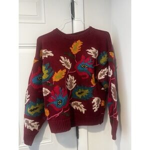 Vintage Lemoda Knitwear Hand Loomed Sweater Embroidered Burgundy Womens M Chunky
